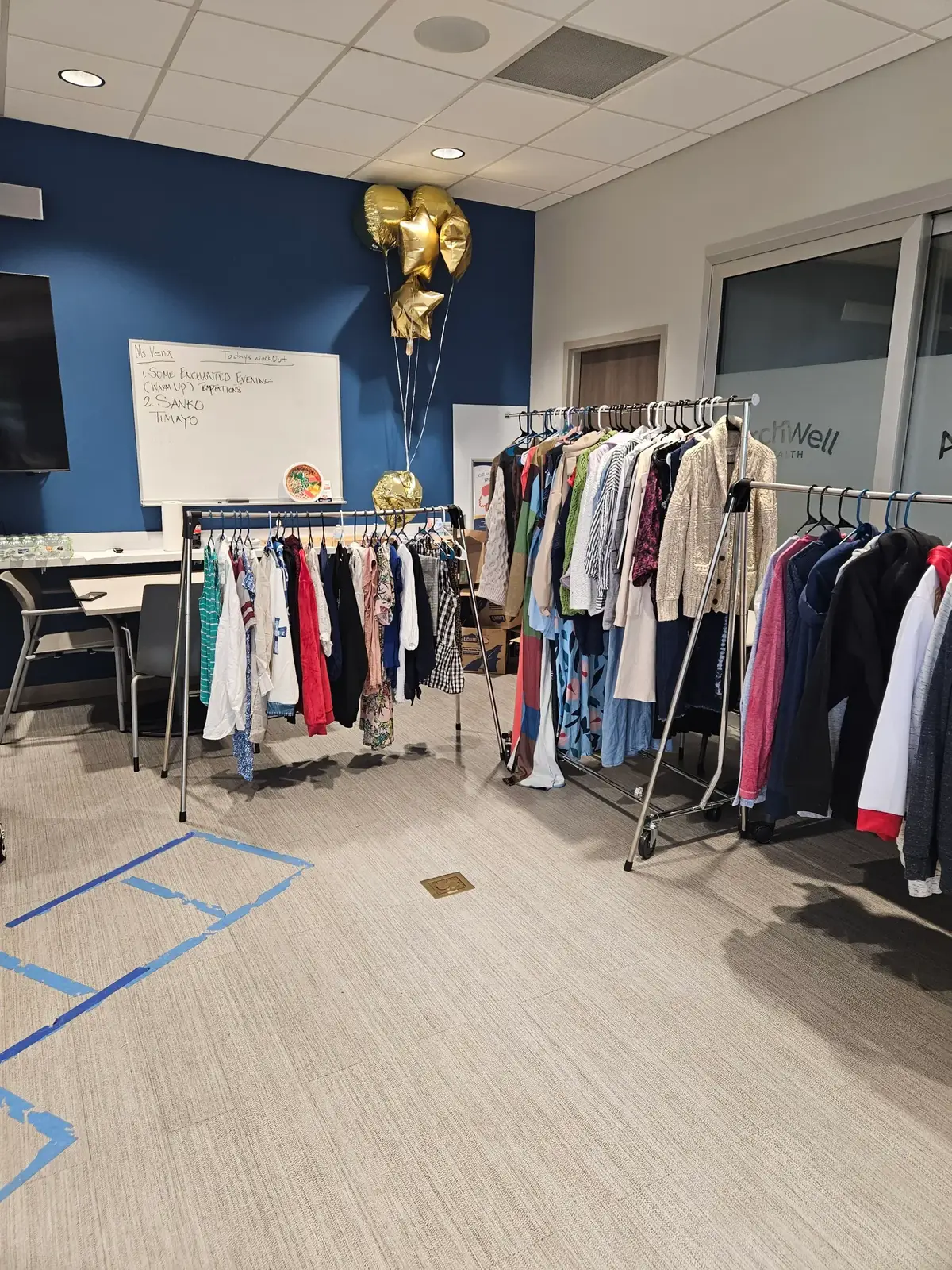 A second view of clothing racks at the Senior Clothes Closet